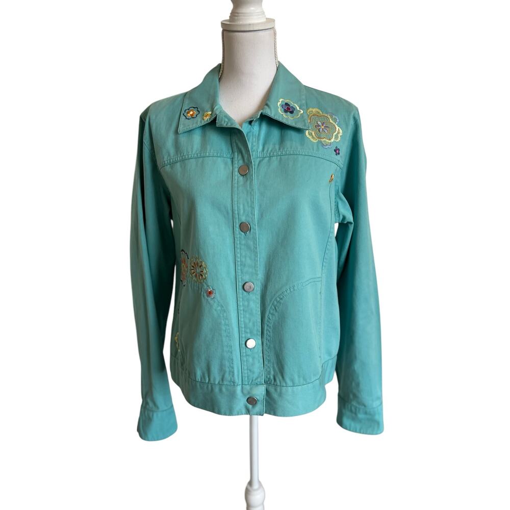 Christopher & Banks Jacket Size XL Turquoise Floral Embroidery 100% Cotton